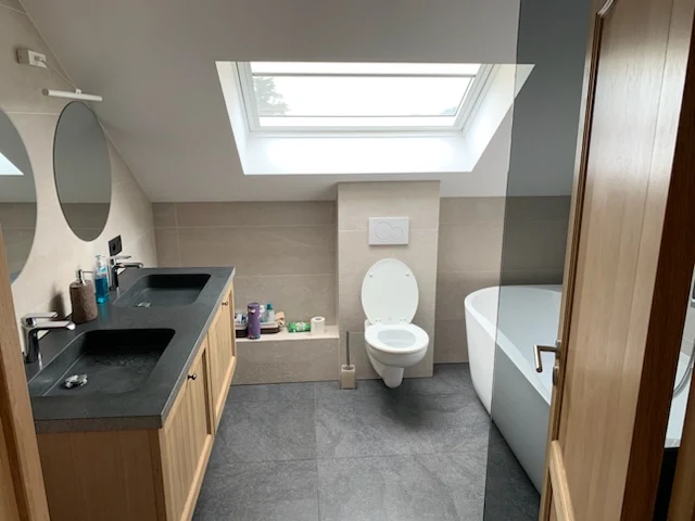 Salle de bain moderne rénovée avec puits de lumière