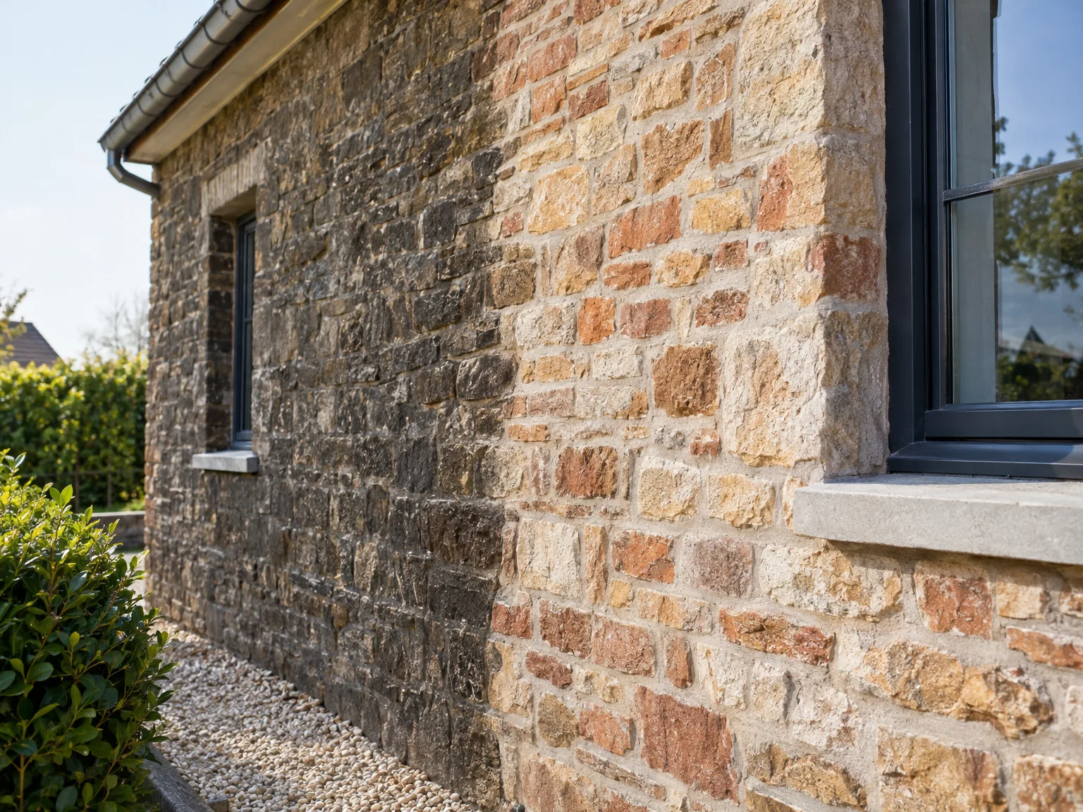 Façade en pierre rénovée avec gouttière métallique et fenêtre moderne
