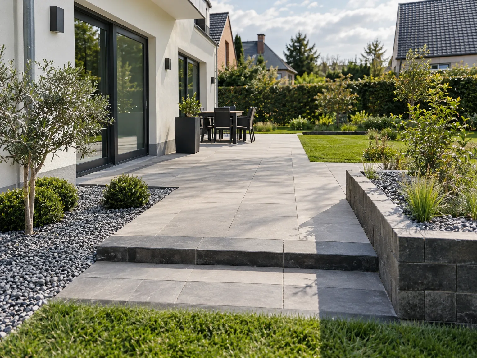 Terrasse en dalle béton avec aménagement extérieur, mobilier patio et paysagisme moderne