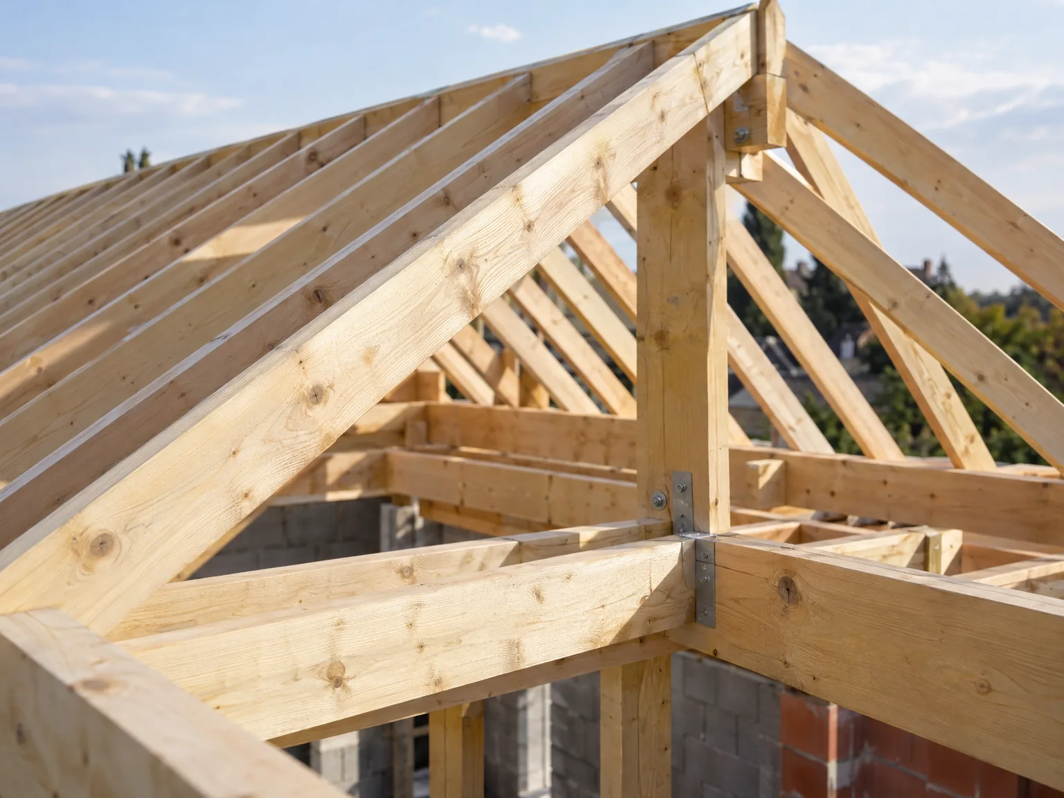 Détail de charpente bois en construction, ossature et armature pour la couverture du toit