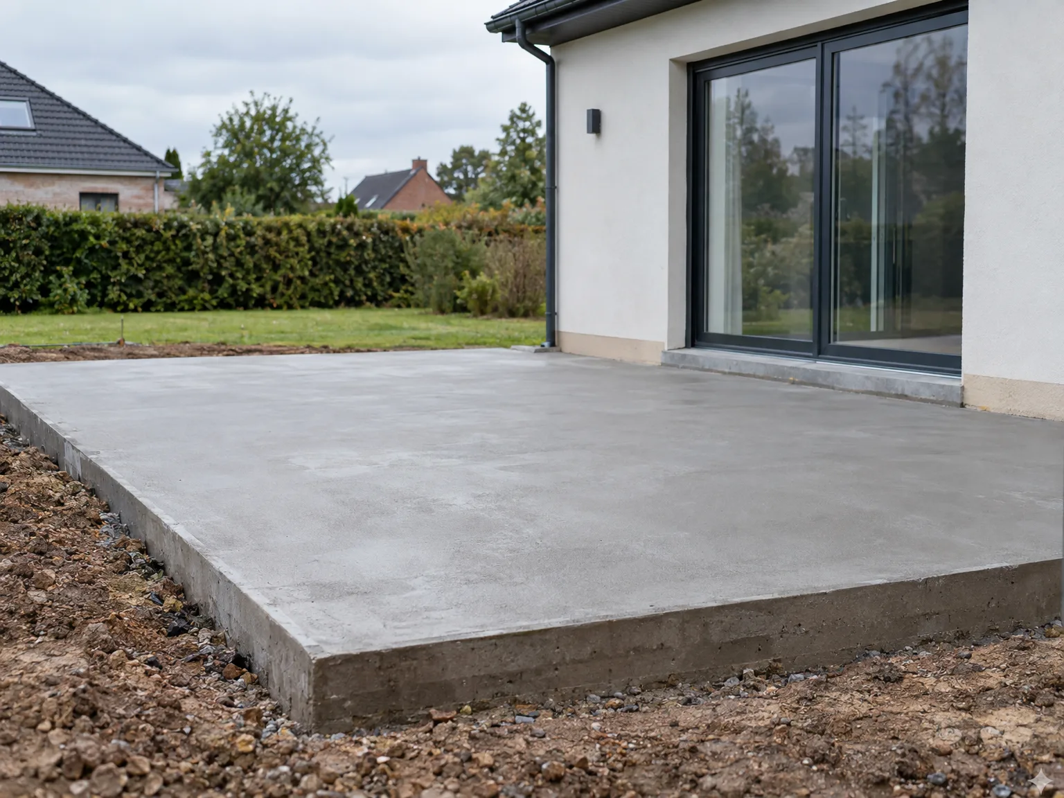 Dalle béton neuve pour terrasse extérieure d'une maison rénovée, avec drains