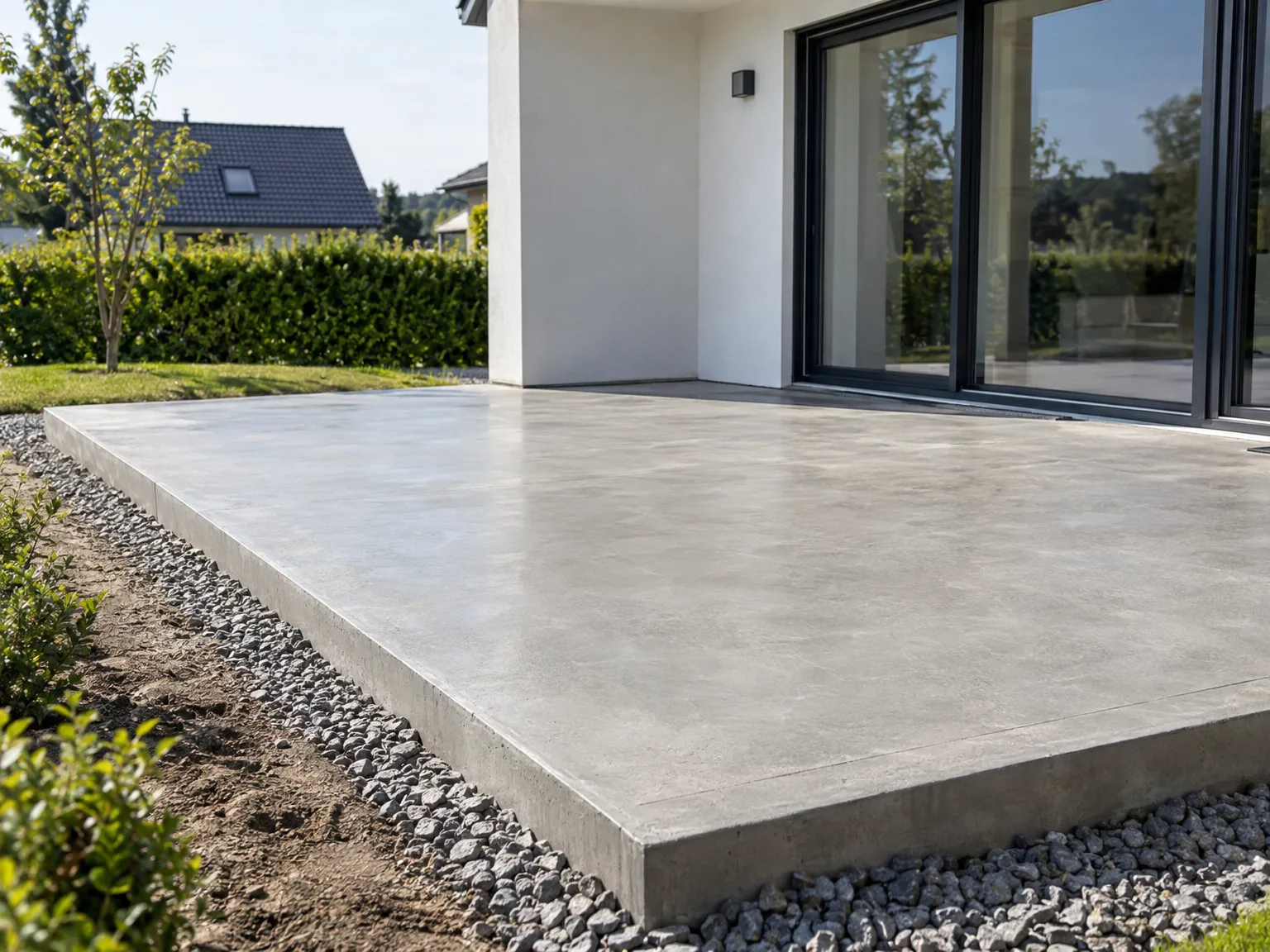 Terrasse en dalle béton gris finalisée devant villa moderne à façade blanche