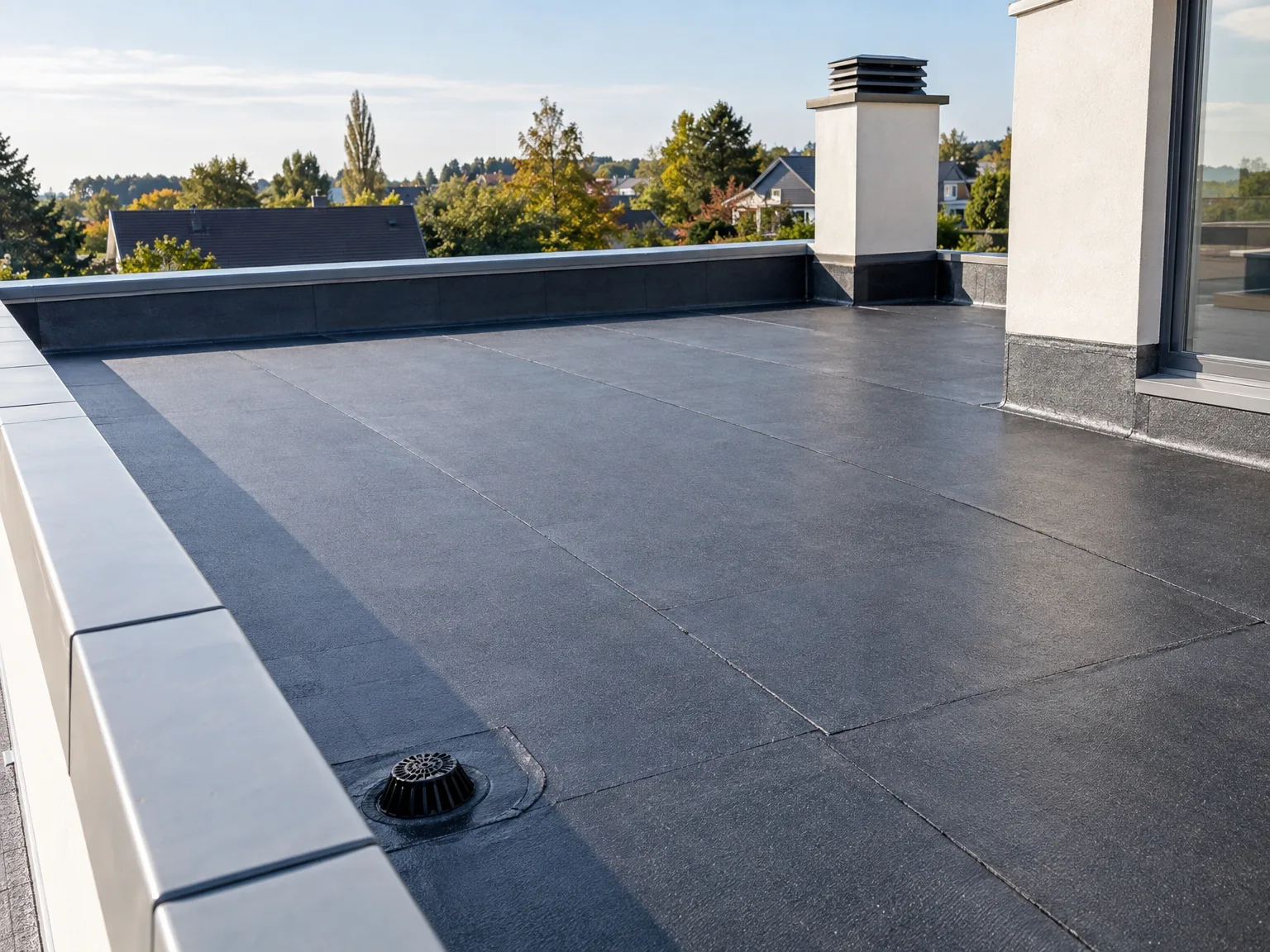Toit plat avec membrane d'étanchéité grise et système de drainage
