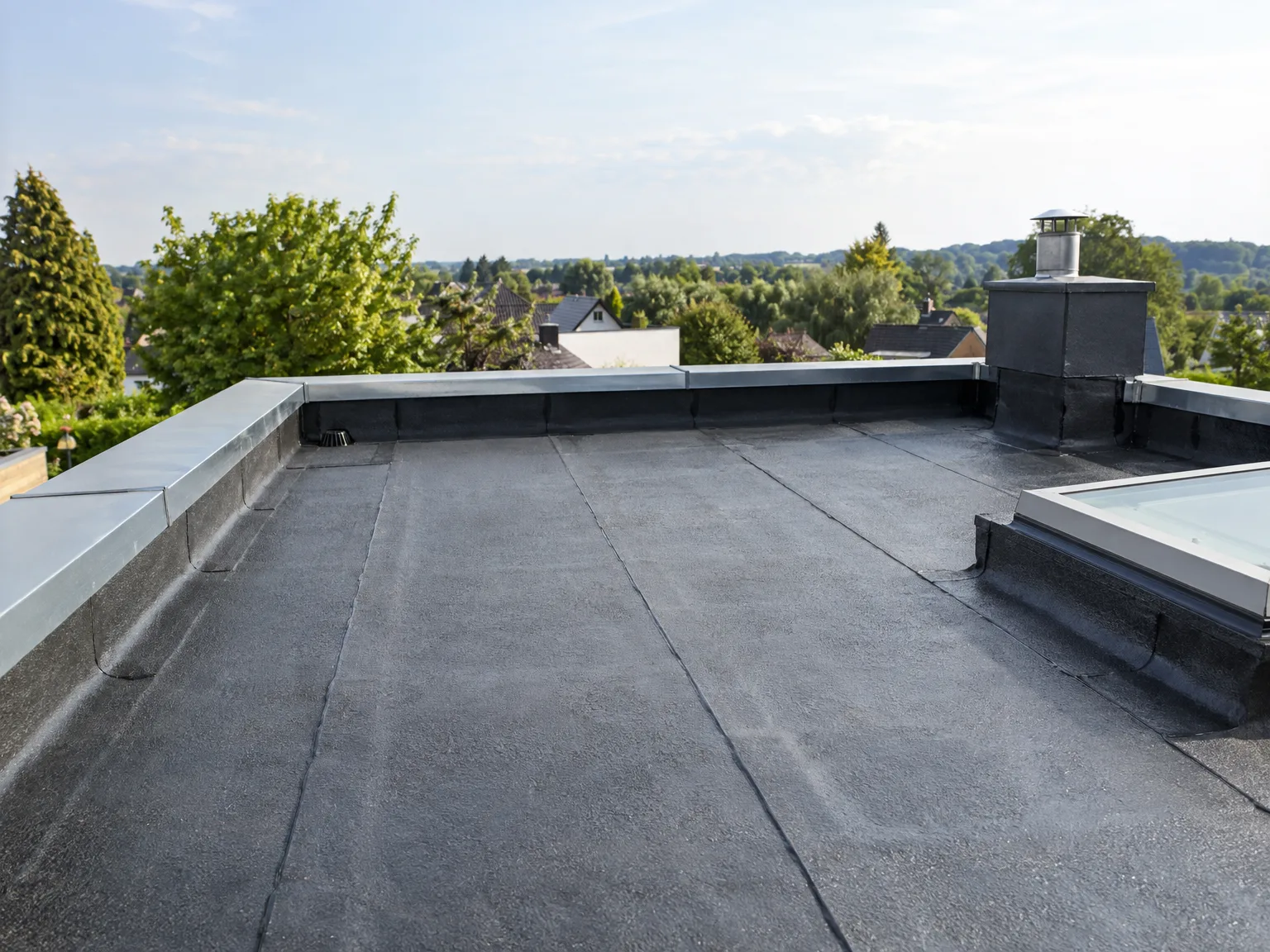 Étanchéité de toit plat avec revêtement membrane noire et parapets blancs