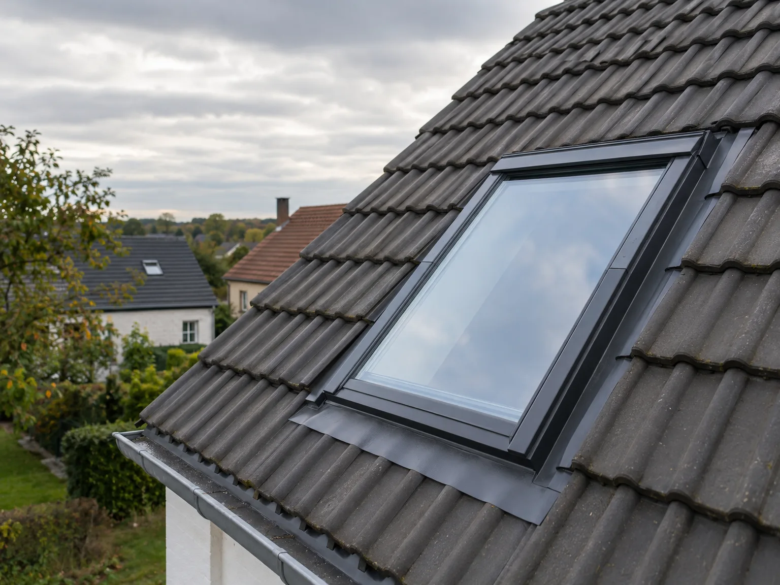 Fenêtre de toit intégrée dans toiture de tuiles grises, avec raccordement et zinguerie professionnel