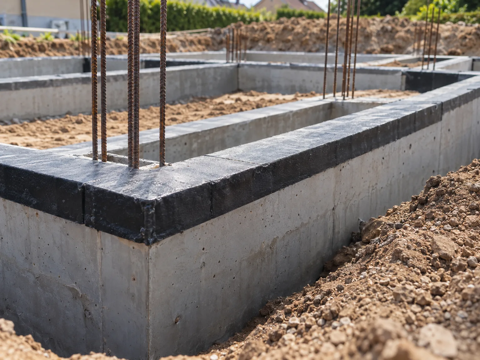 Dalles de fondations en béton armé avec armatures métalliques lors de travaux de gros œuvre