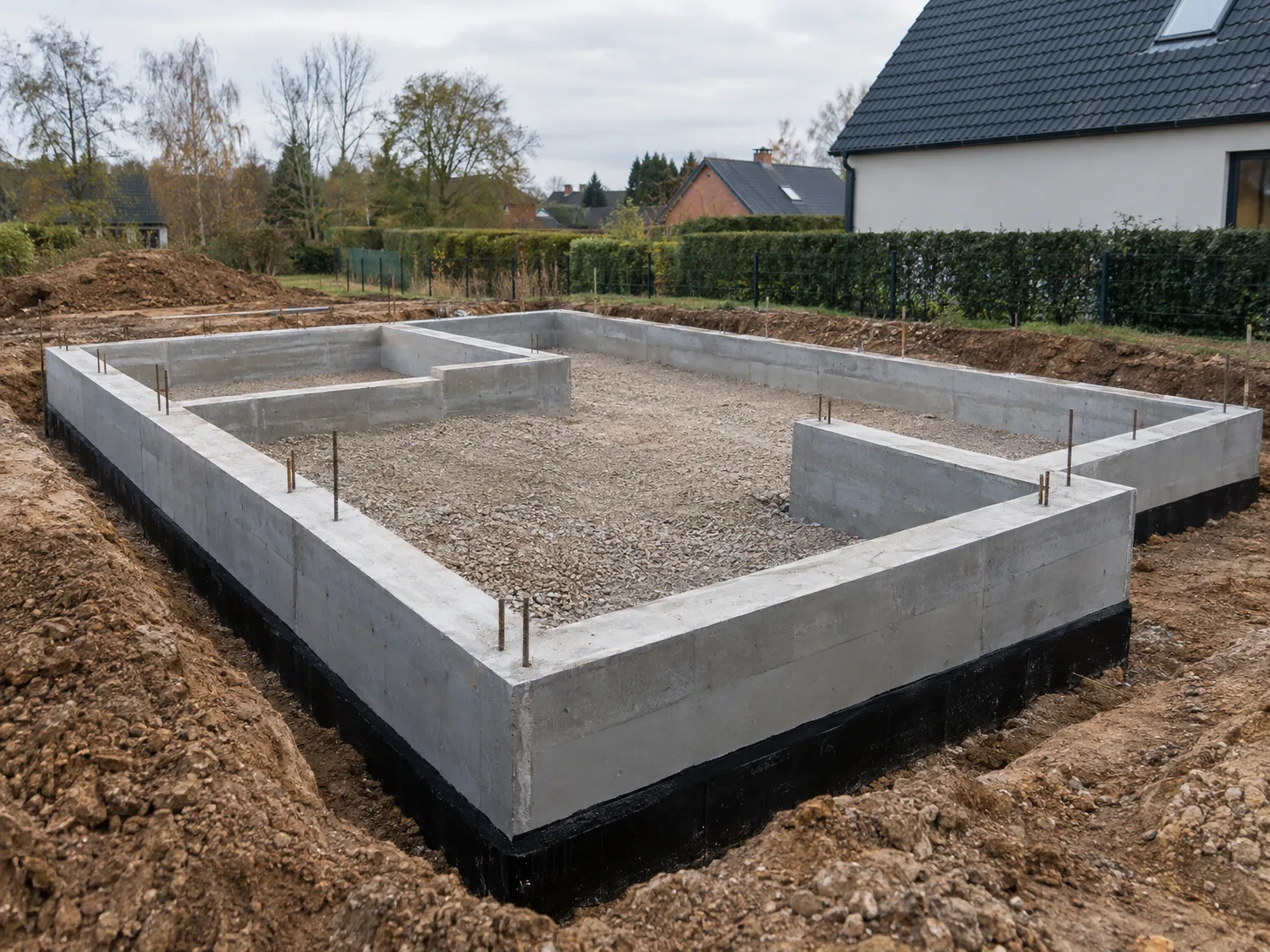 Fondations en béton avec armature sur chantier de construction