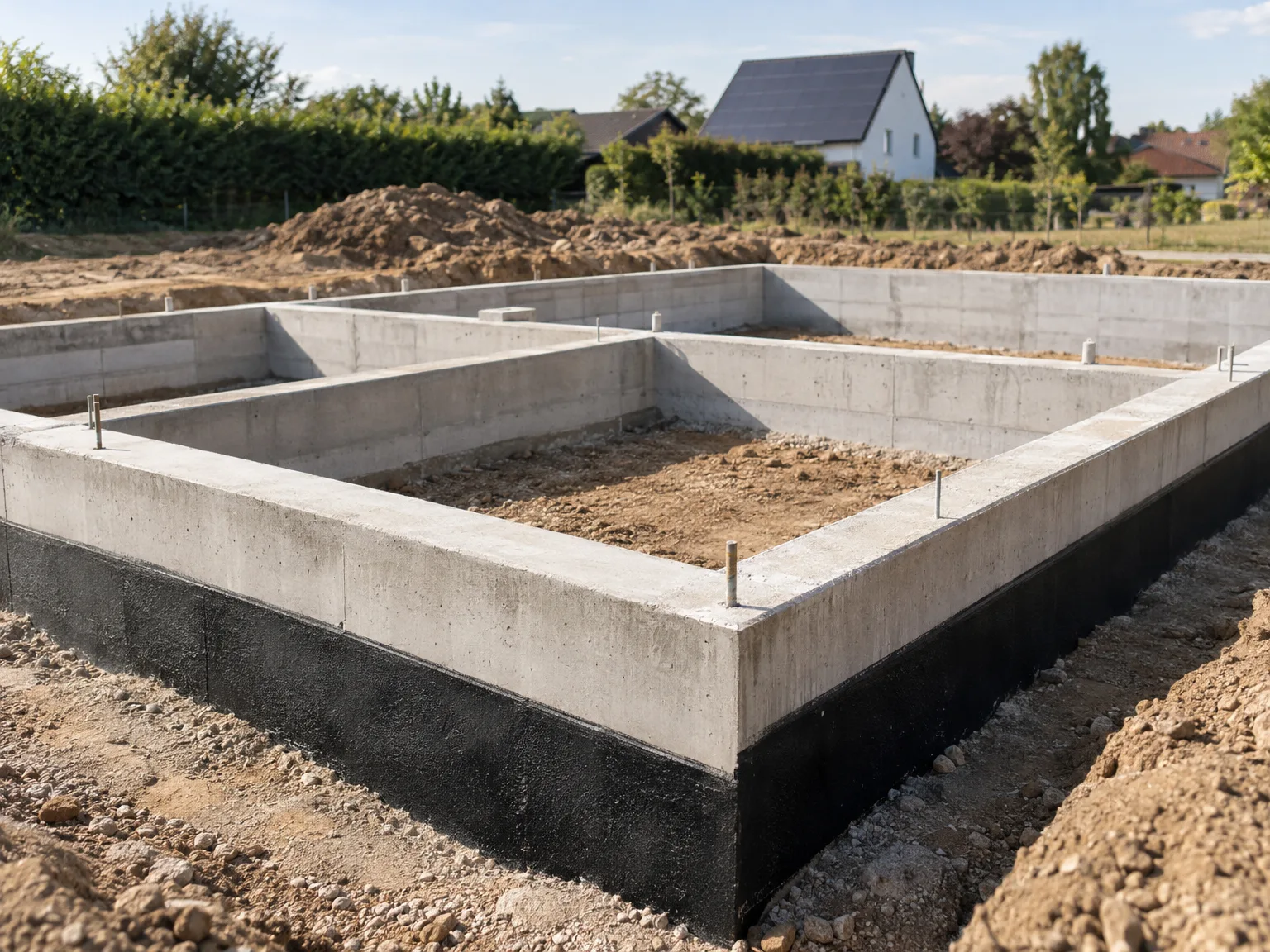 Fondations en béton et murs porteurs lors de la phase de gros œuvre, construction d'une maison