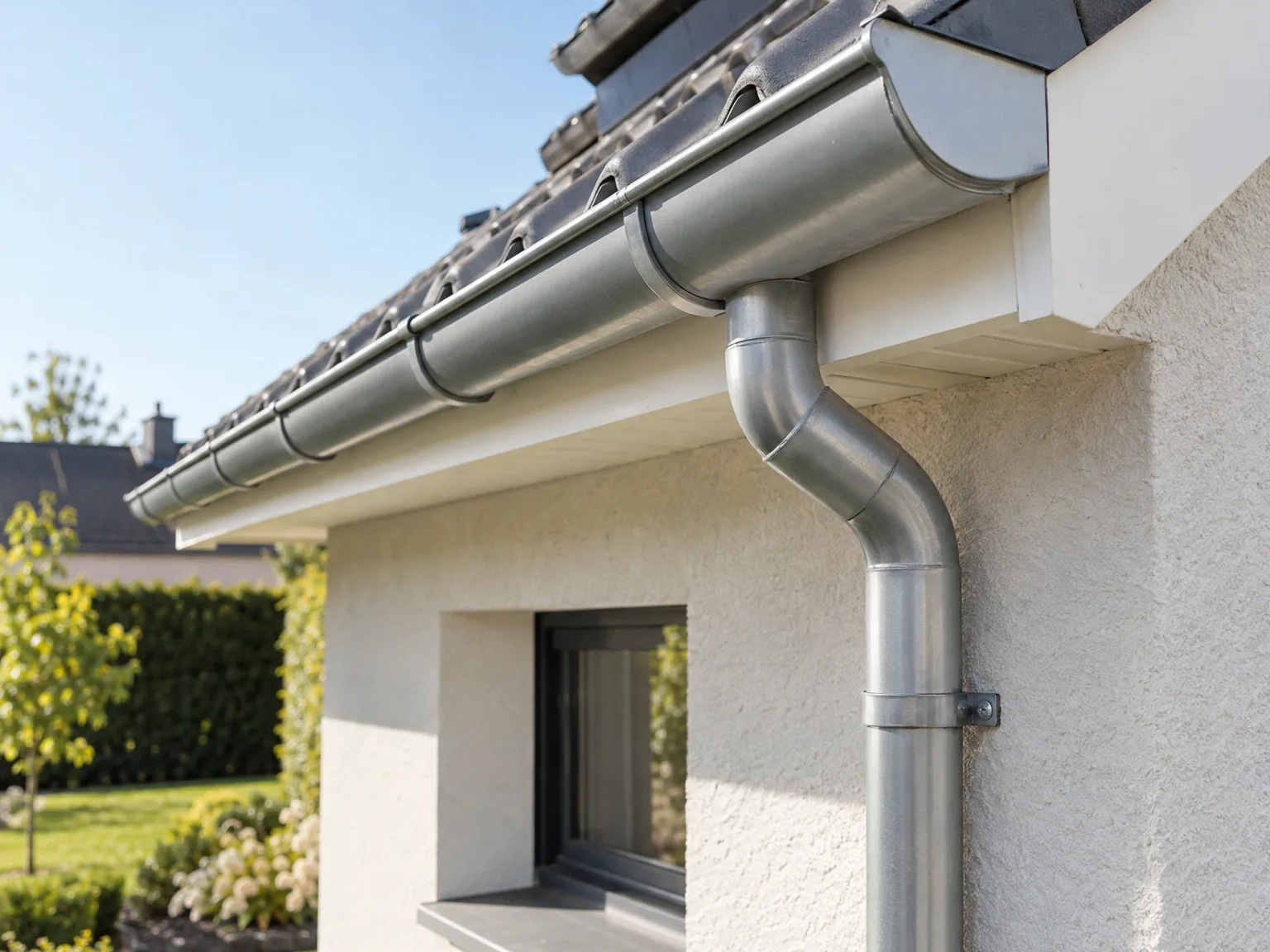 Gouttière en aluminium chromé et descente d'eau sur maison moderne