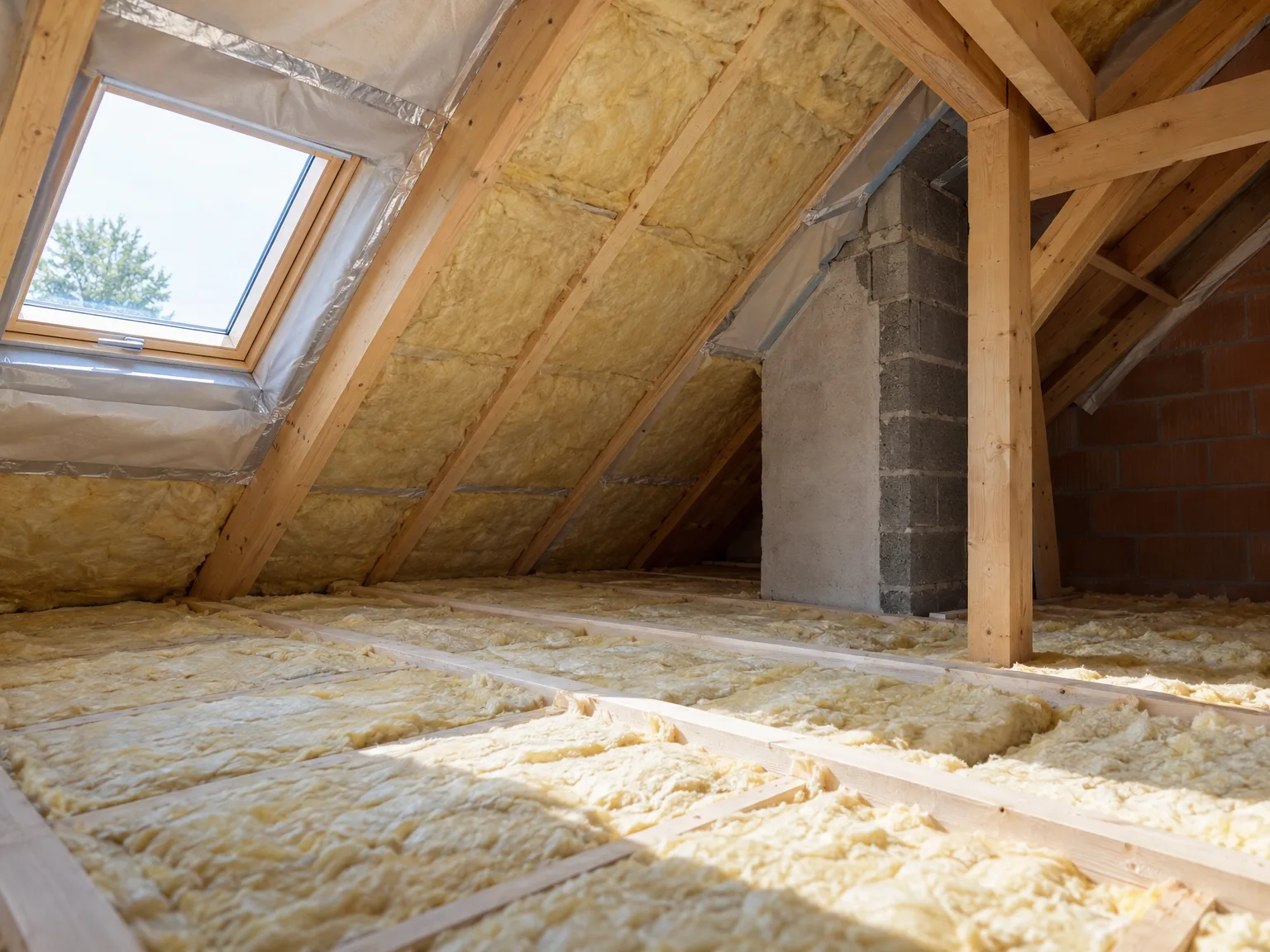 Aménagement de combles avec isolation thermique par laine minérale et charpente en bois