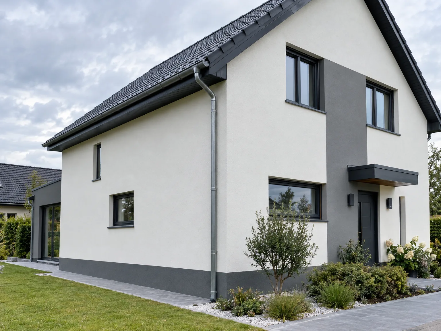 Rénovation de maison avec toiture ardoise noire, façade blanche enduite et gouttières