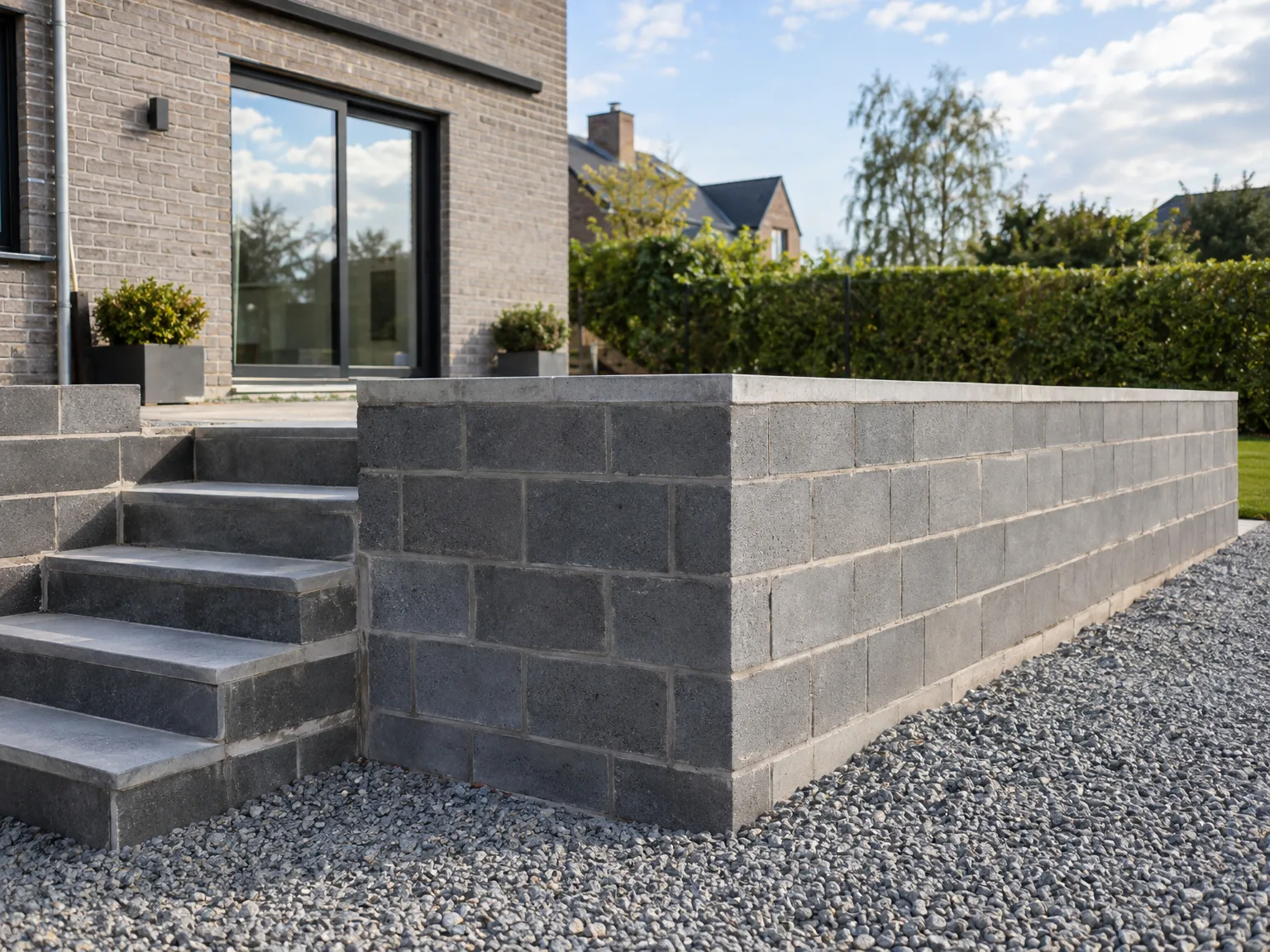 Mur en blocs de béton gris avec escalier d'accès et aménagement extérieur