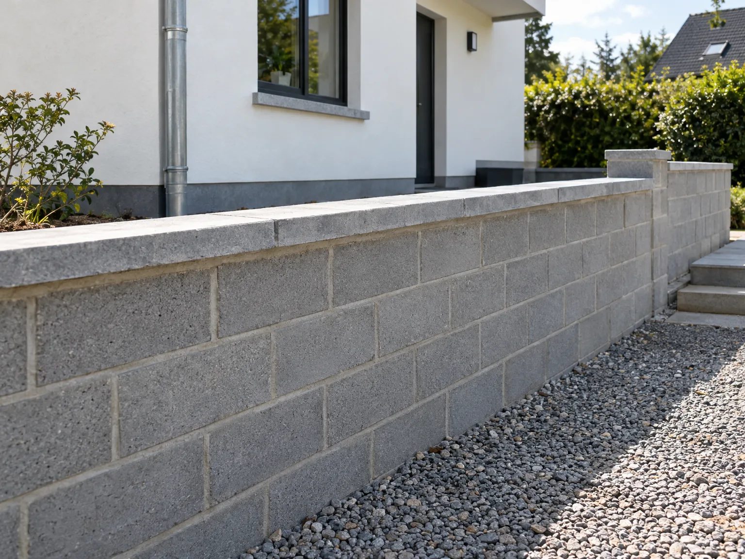 Mur de clôture en parpaings gris avec couronnement béton et aménagement extérieur moderne