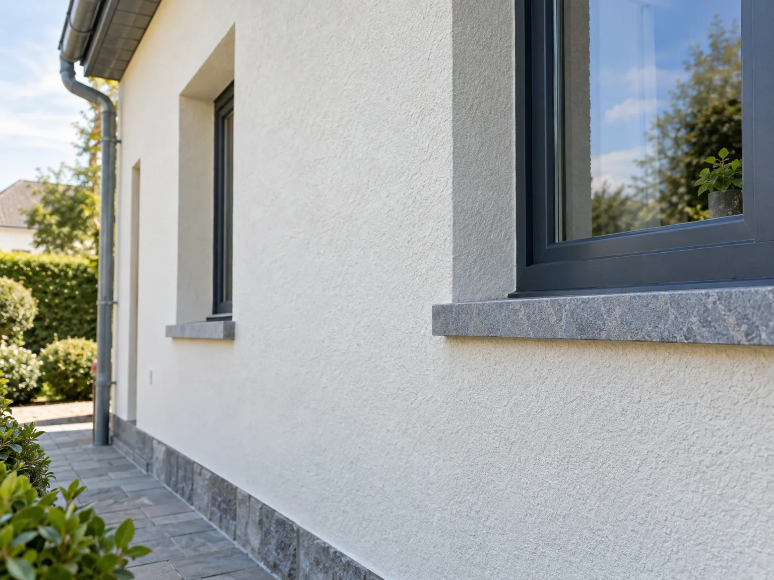 Ravalement de façade : enduit blanc frais, fenêtres noires et appuis gris sur maison moderne