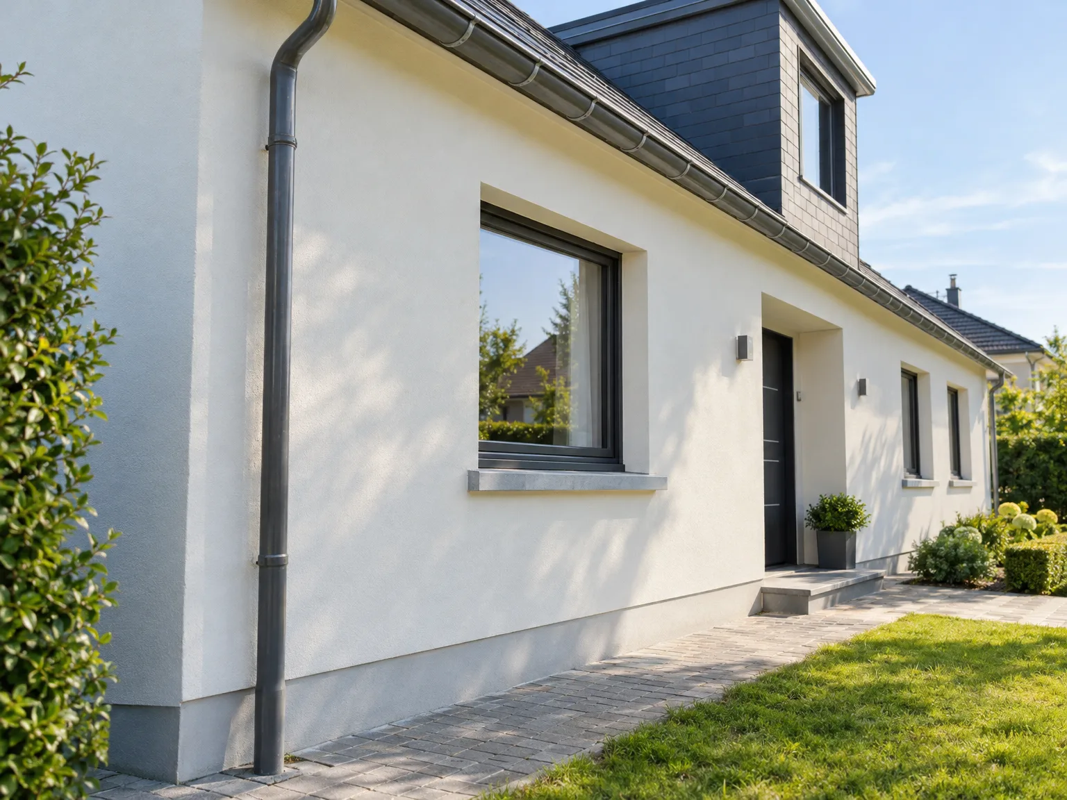 Maison moderne avec façade blanche rénovée, grandes fenêtres et toiture gris foncé