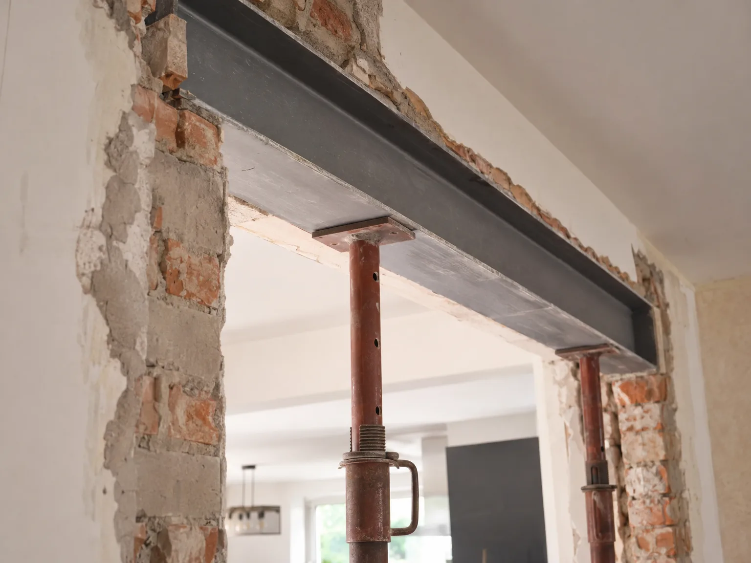 Ouverture dans mur porteur avec linteau métallique et supports de renfort