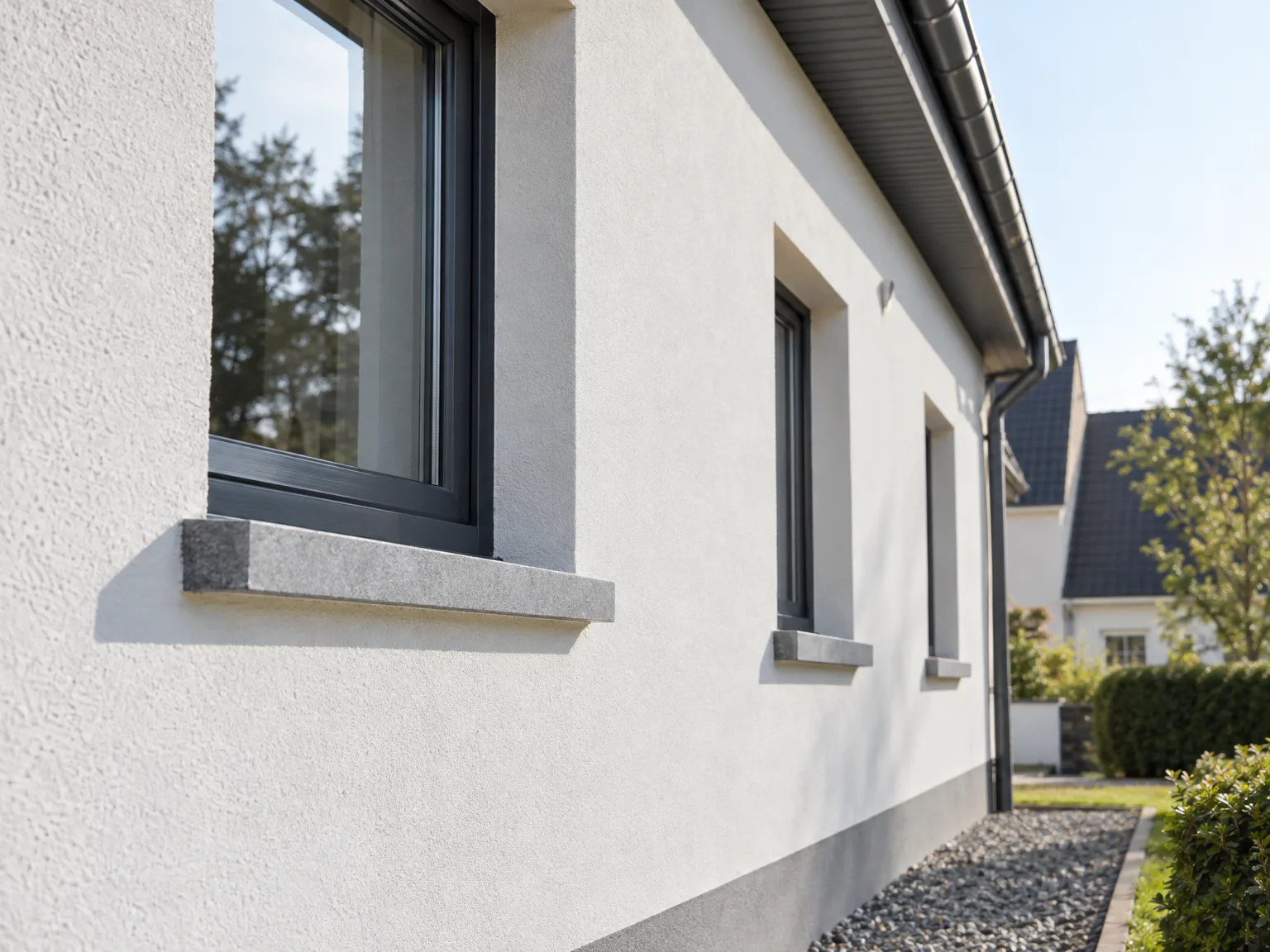 Enduit de façade blanc neuf avec fenêtres modernes et parapets en pierre naturelle