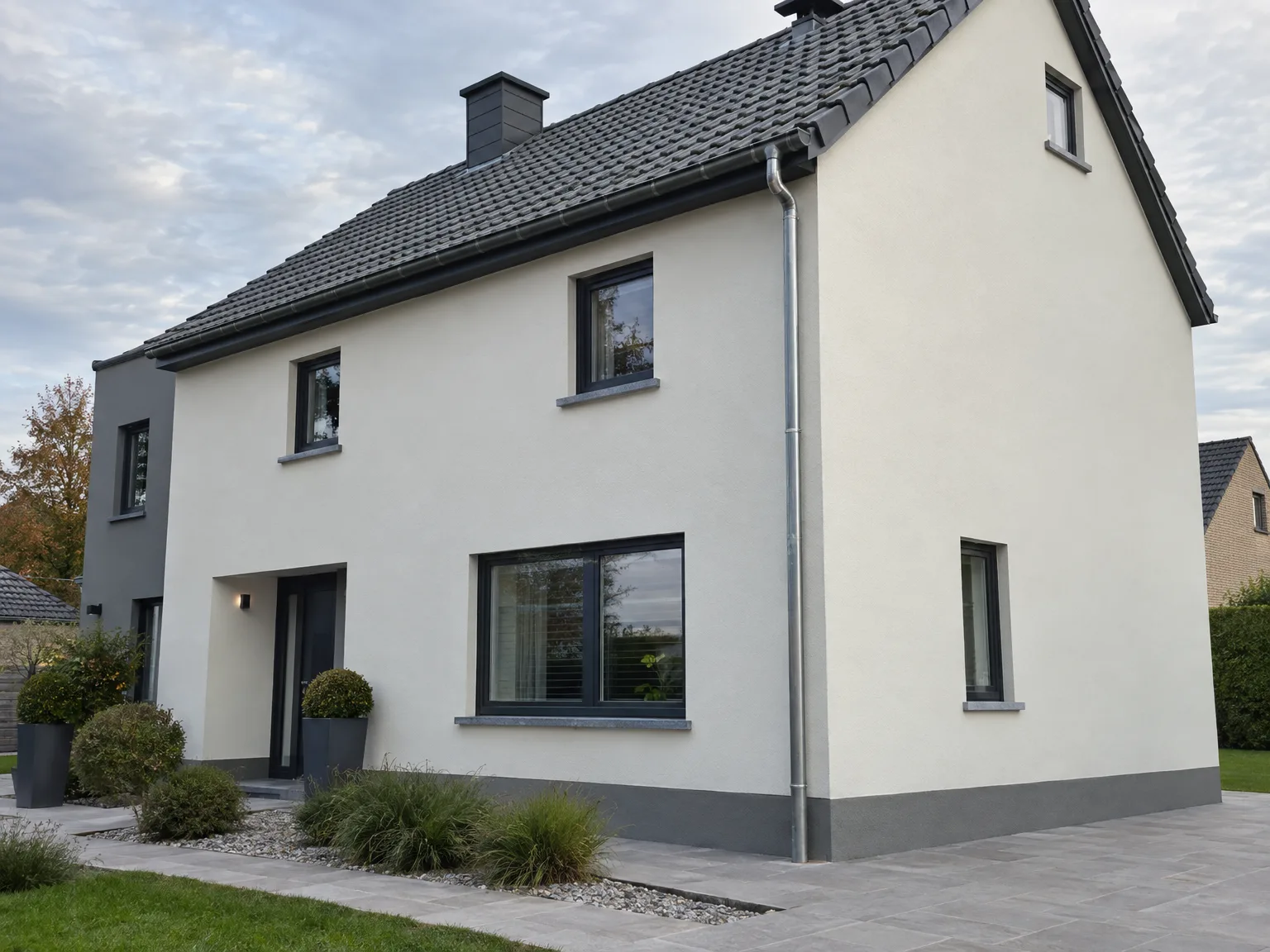 Maison moderne rénovée avec façade blanche, toit en ardoise noire et fenêtres de style contemporain