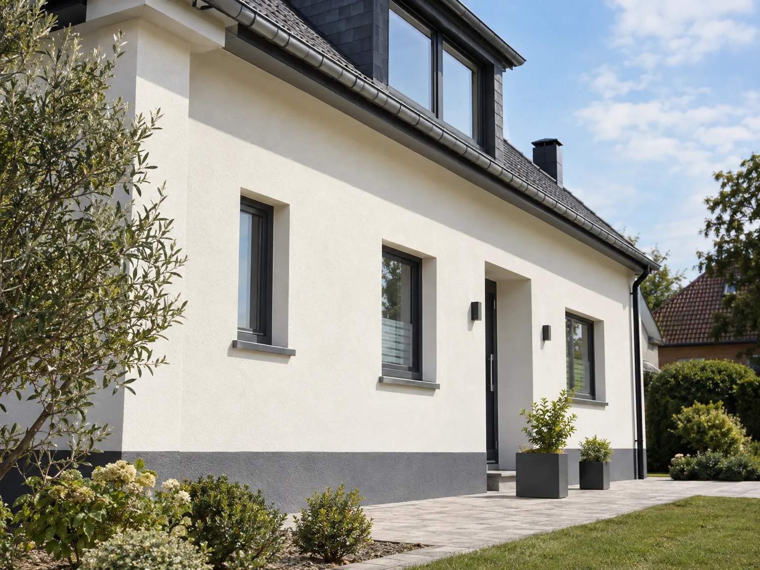 Façade d'une maison rénovée avec enduit blanc et fenêtres noires modernes, travaux de ravalement