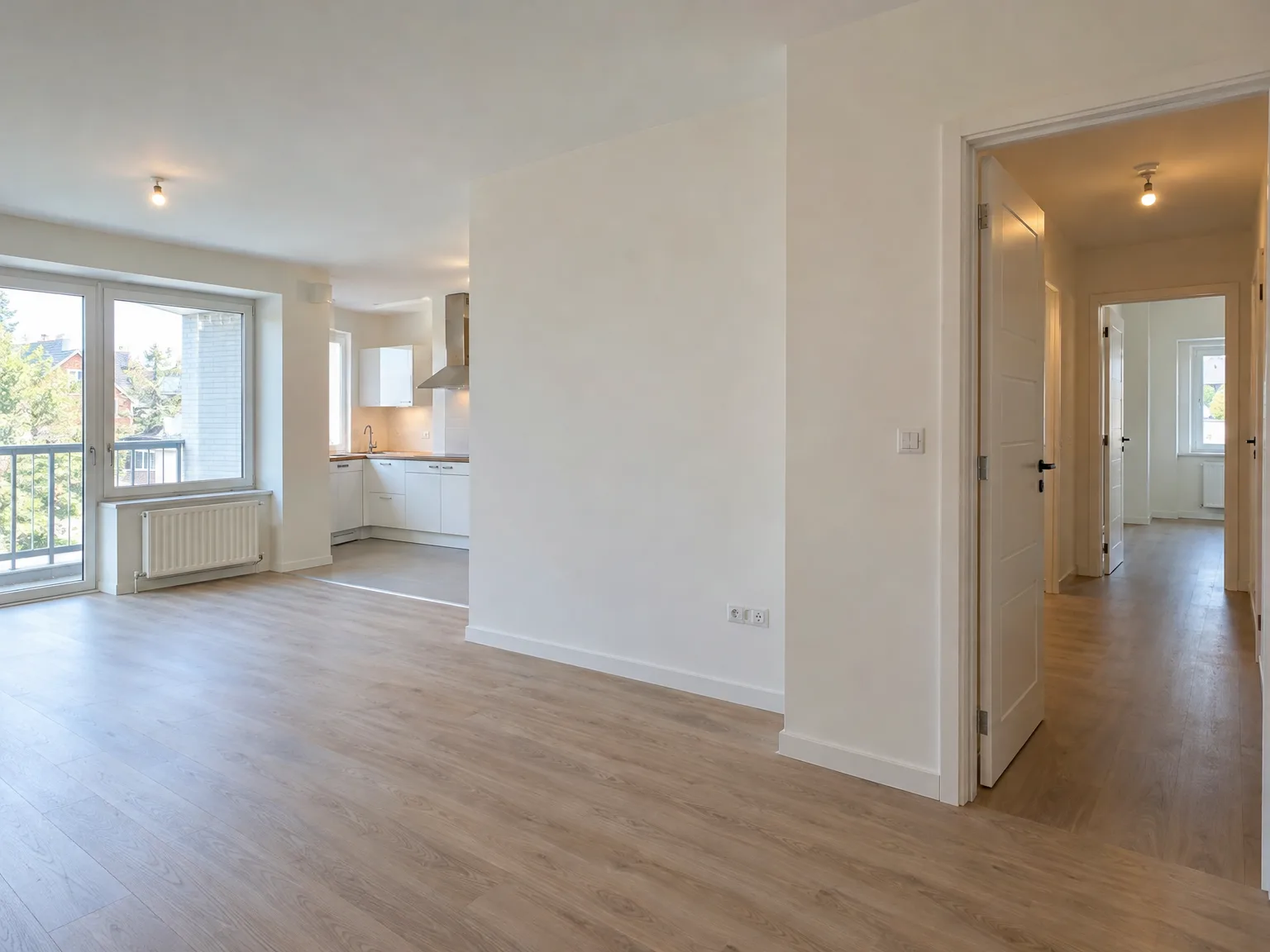 Salon rénové avec parquet, murs blancs, cuisine moderne et grande fenêtre sur balcon