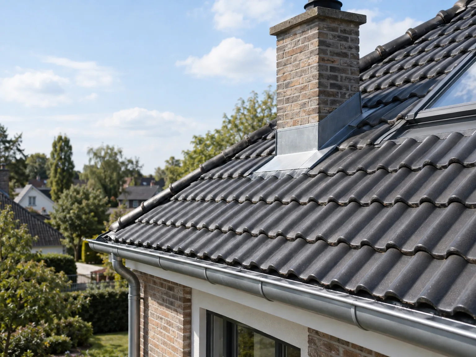 Rénovation de toiture avec tuiles noires, gouttières et zinguerie métallique