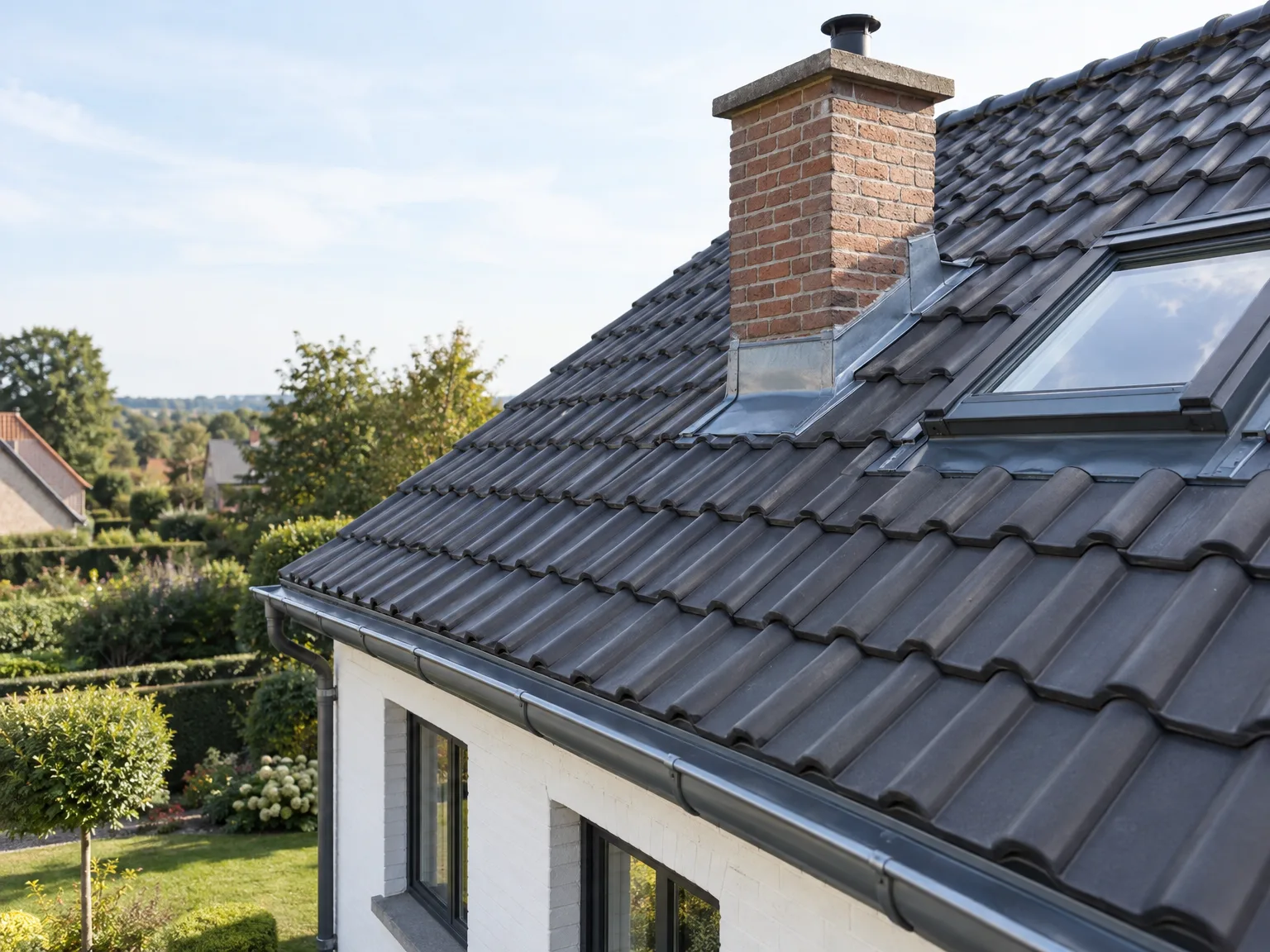 Rénovation de toiture en tuiles gris anthracite avec fenêtres de toit et zinguerie