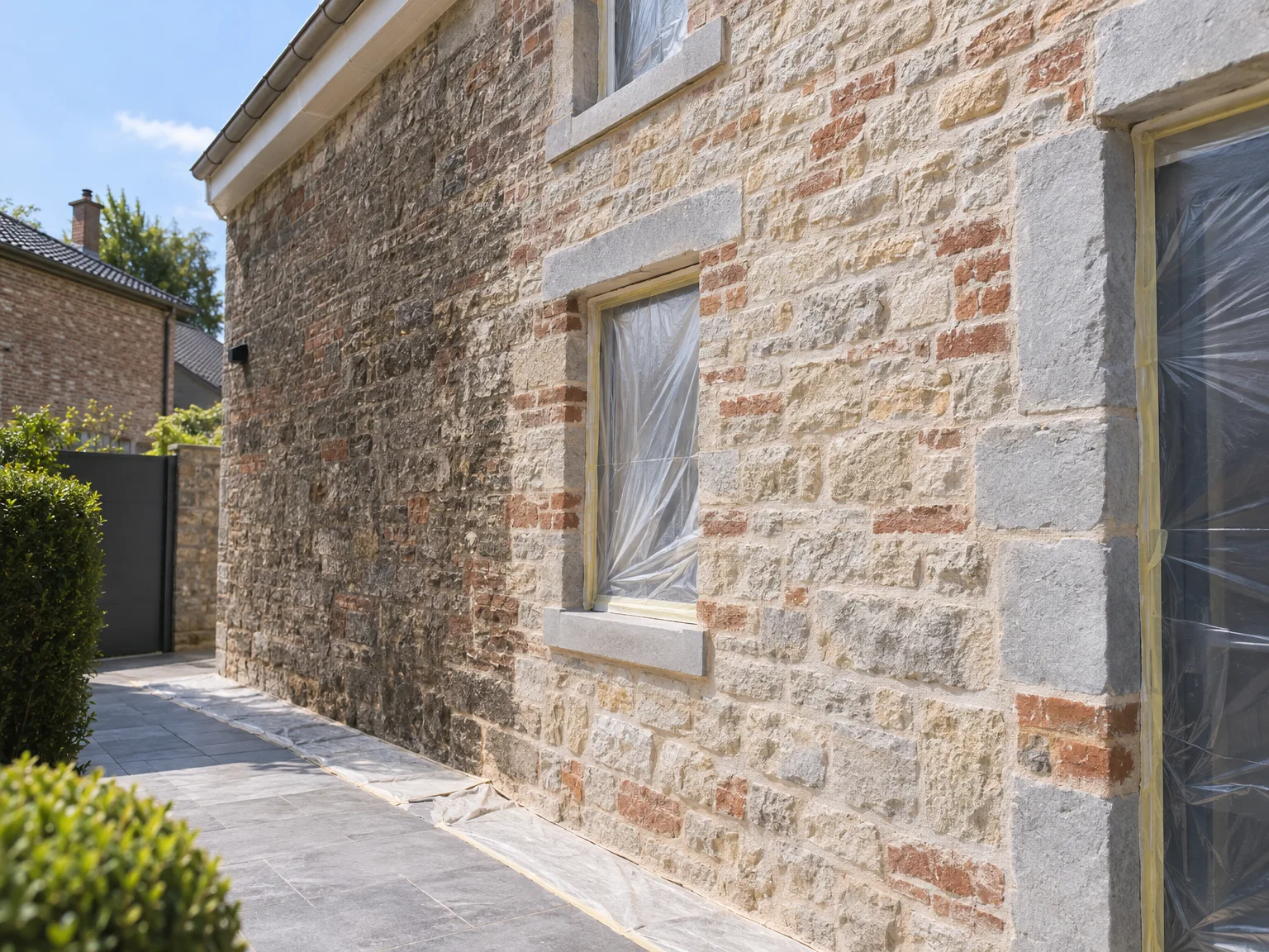 Façade rénovée en brique et pierre avec deux fenêtres récemment restaurées