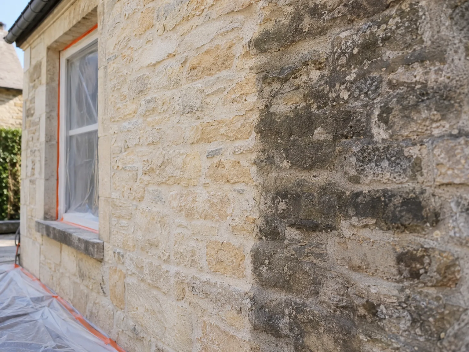 Façade en pierre souillée avec mousse, algues et dépôts noirâtres nécessitant un nettoyage professionnel