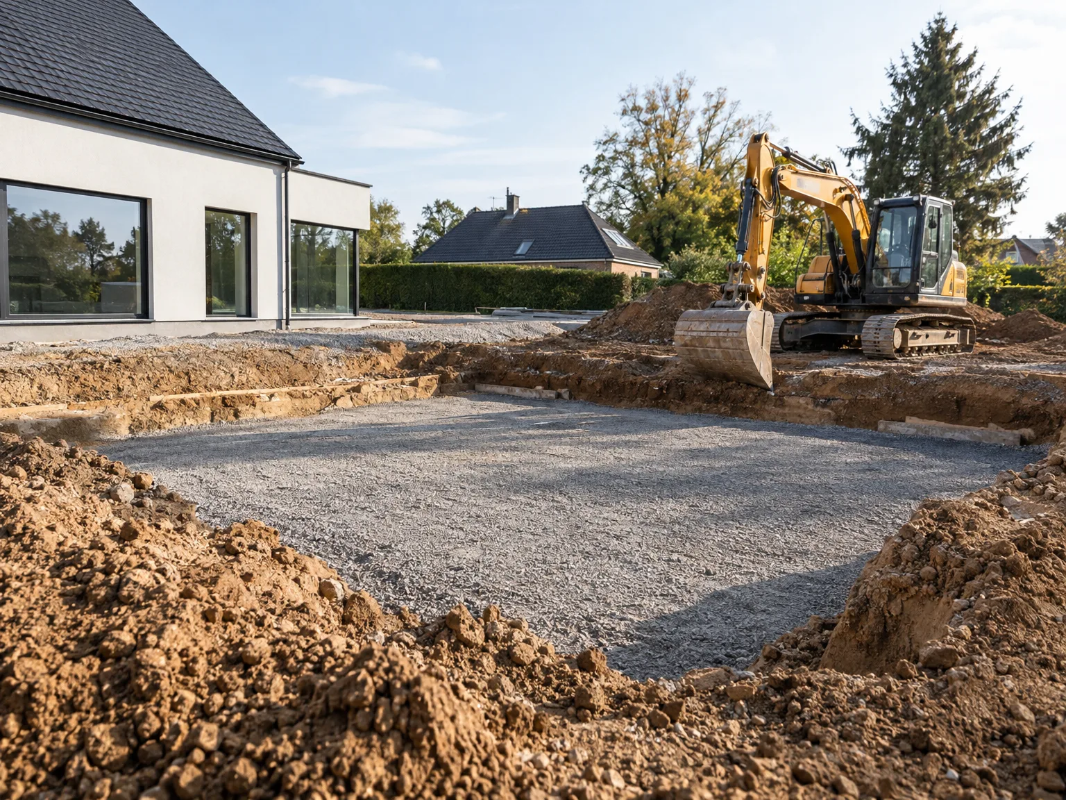Terrassement et préparation de dalle béton autour d'une maison moderne