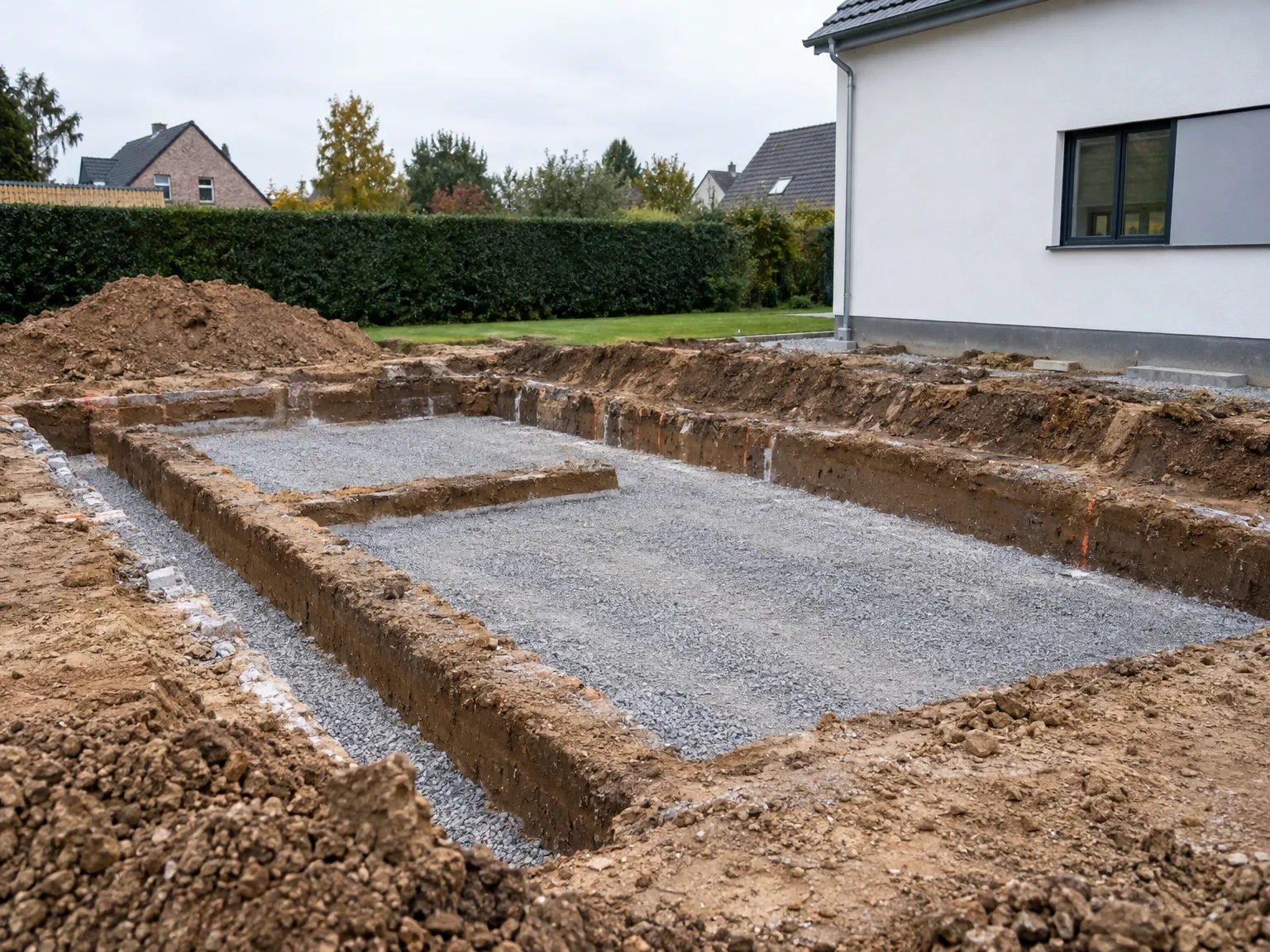 Fouilles et terrassement autour d'une maison, préparation des fondations avec lit de gravier et murs en maçonnerie