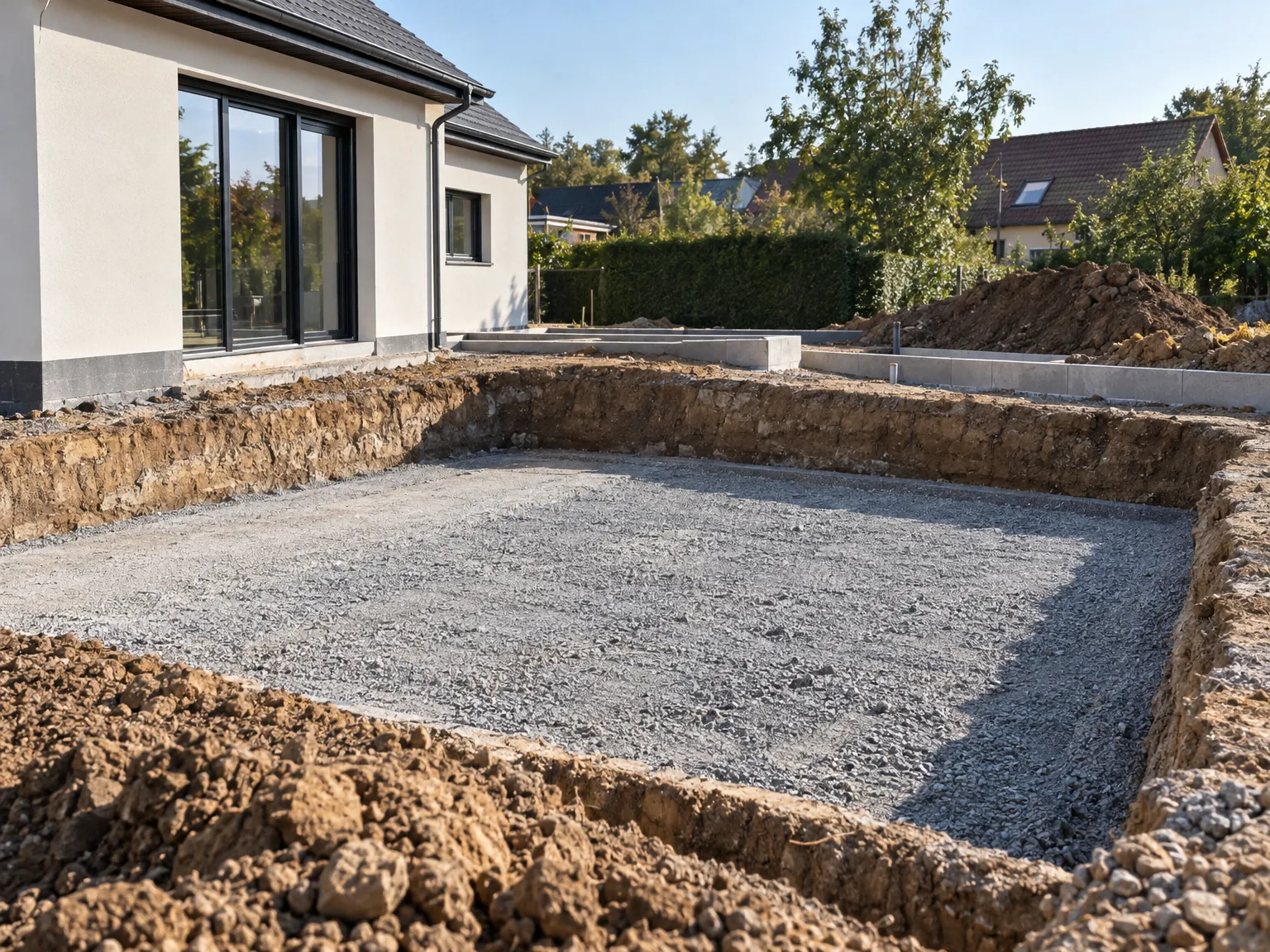Excavation de terrain avec lit de gravier pour fondations de maison neuve