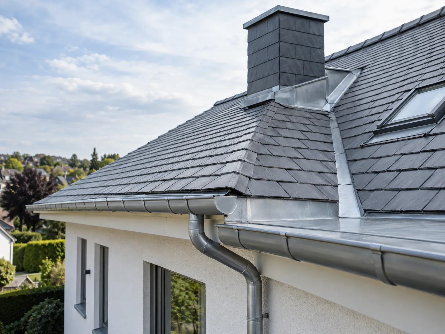 Rénovation de toiture avec couverture en ardoise noire et gouttières métalliques