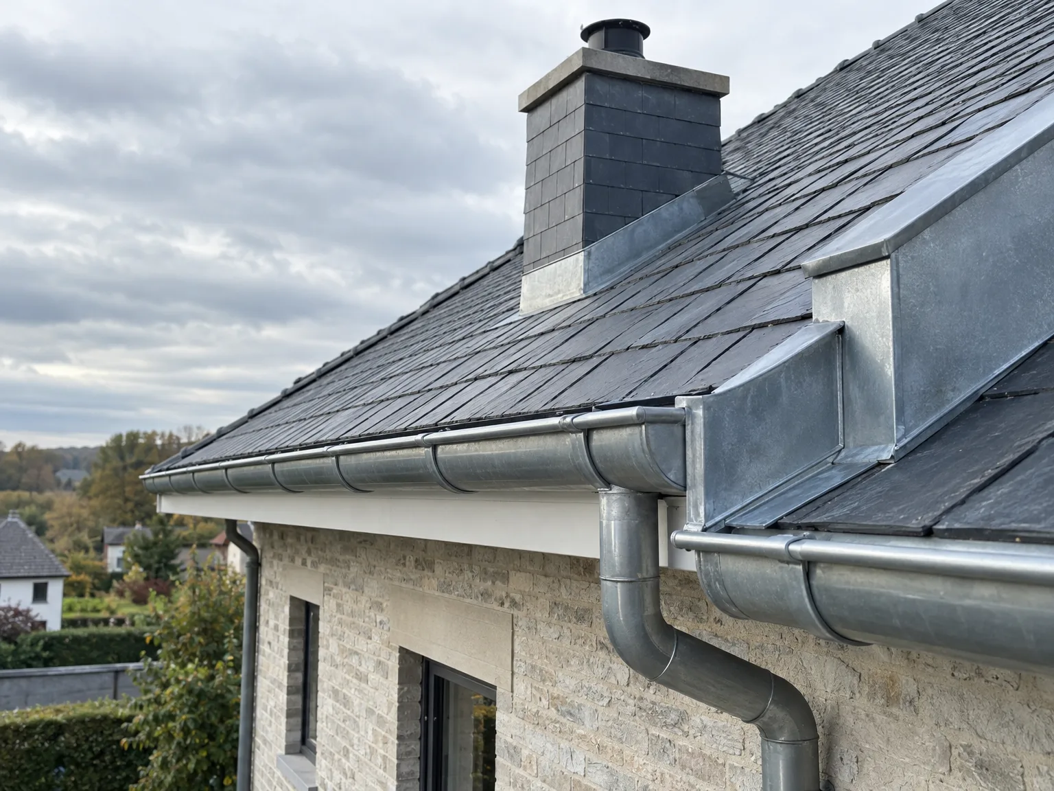 Toiture avec zinguerie, gouttières métalliques et fenêtre de toit