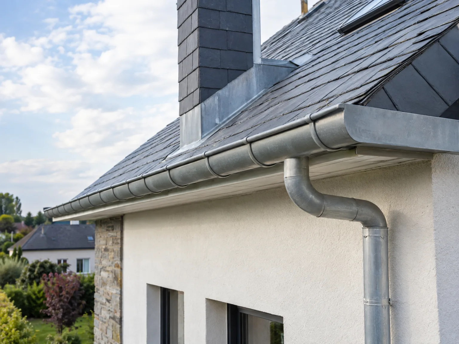 Gouttière en zinc et tuyau de descente d'eau sur maison moderne